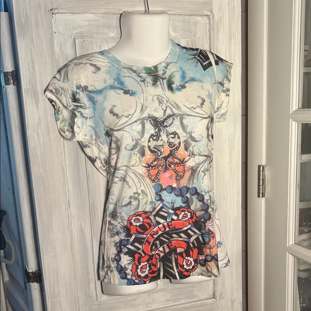Women's Graphic Print Top True Blue with sequins on front Round neck cap sleeve
